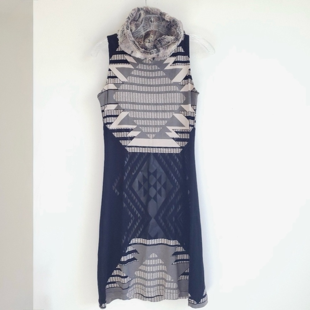 Custo Barcelona Faux Fur Neck Fitted Stretchy Dress